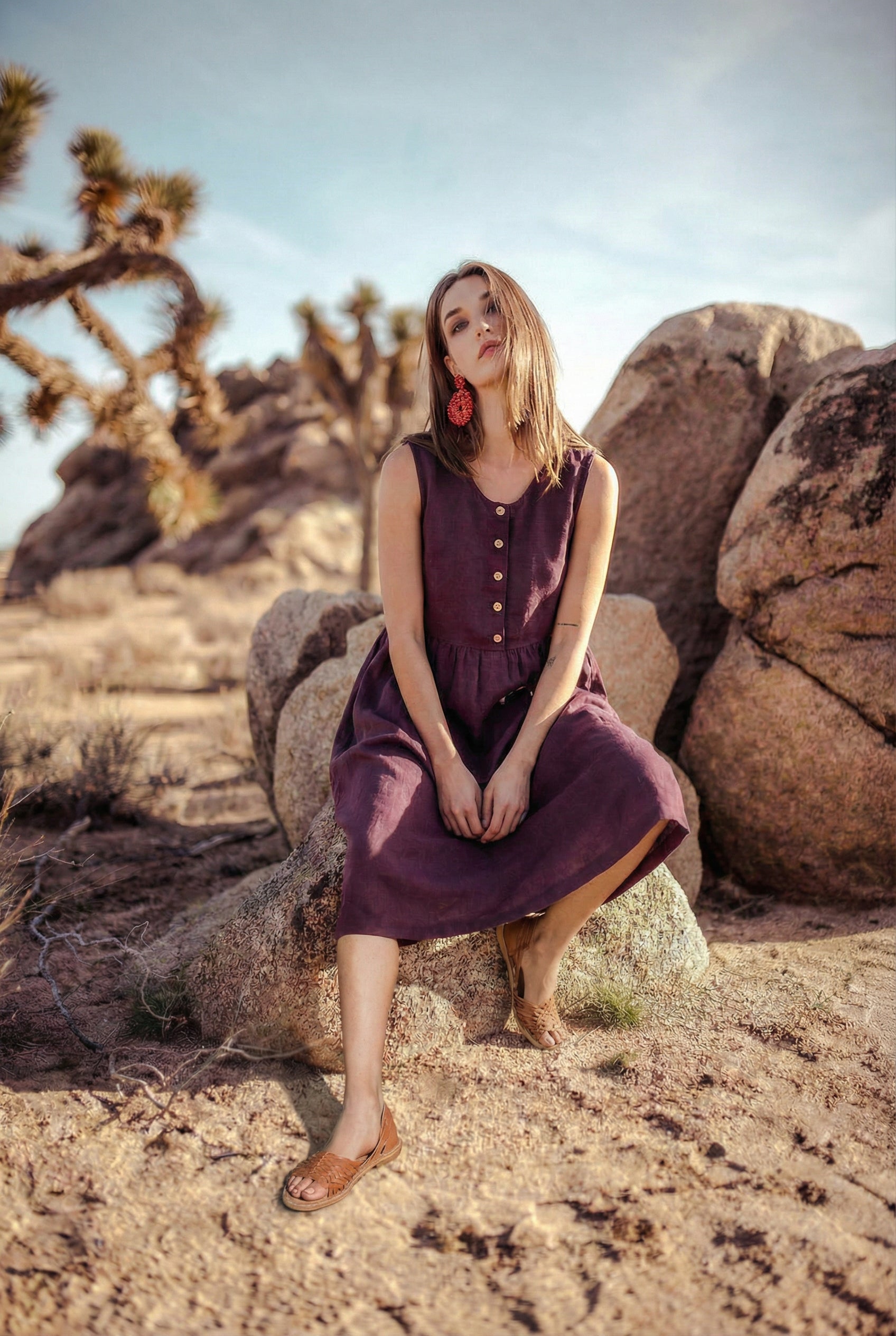 Plum Sleeveless Linen Dress with Pockets | Relaxed Fit Midi Dress