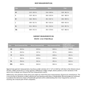 a table with measurements for the body measurements
