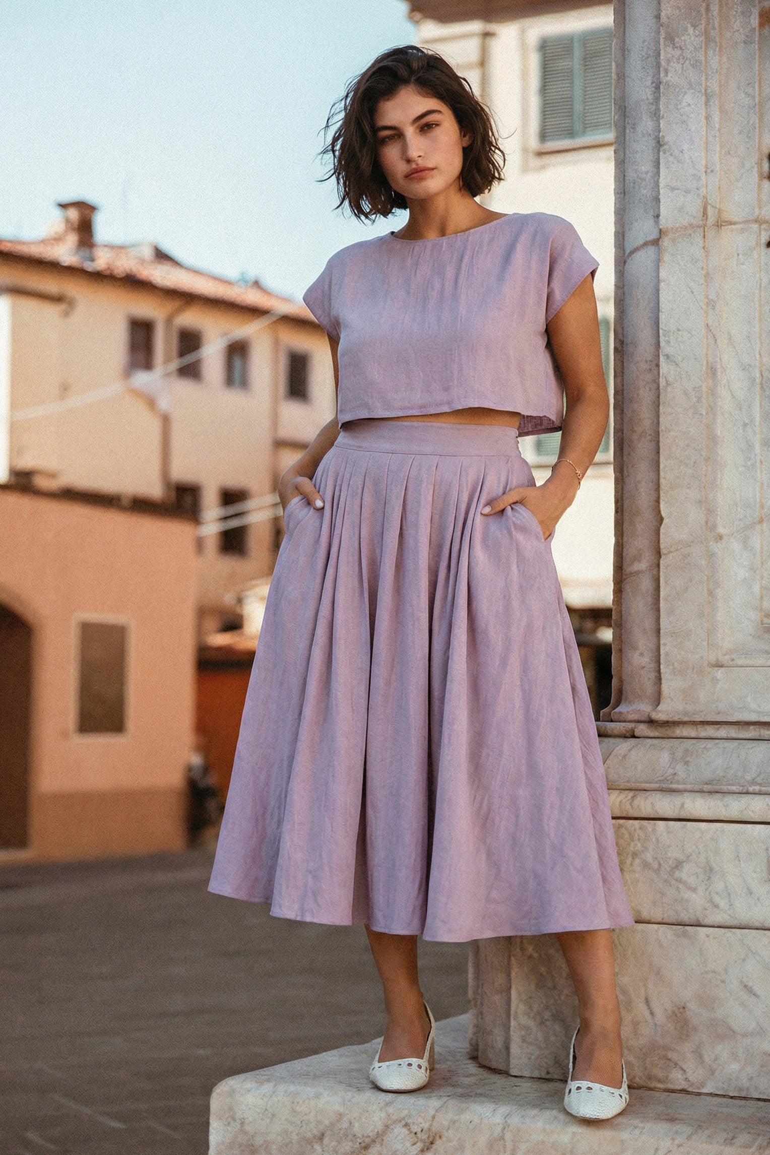 Fliederfarbenes Leinen Boxy Crop-Top & High-Waist Midi-Rock - NAOMI