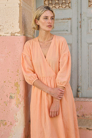 linen dress in peach