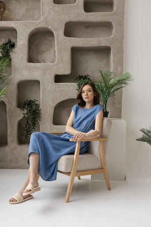 A-line linen midi dress, self-tie belt, relaxed fit.
