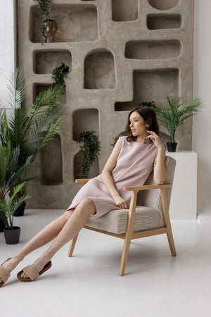 Dusty rose linen shift dress, full-length view, relaxed summer casual style.