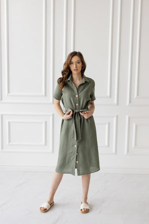 Eucalyptus green linen button-up shirt dress with short sleeves and belted waist, casual midi summer dress