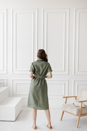 Short sleeve linen dress with button front and belted waist, relaxed fit casual midi dress for everyday wear