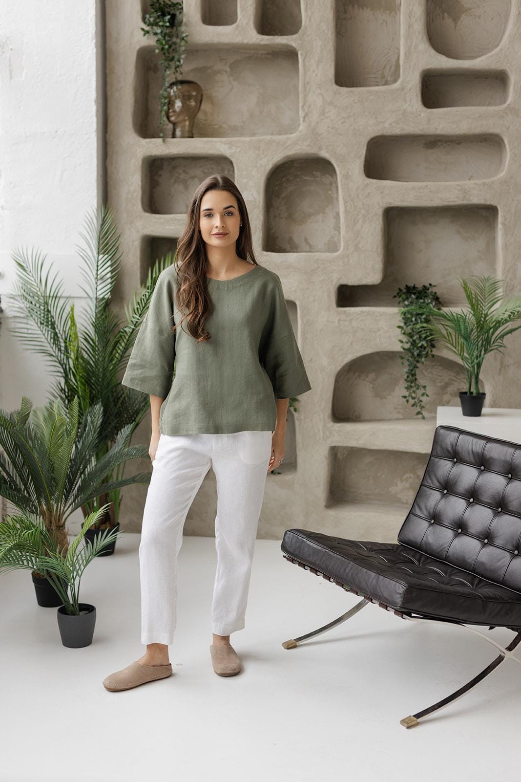 Oversized linen kimono blouse in eucalyptus green – breathable, minimalist boho top with wide sleeves and relaxed fit