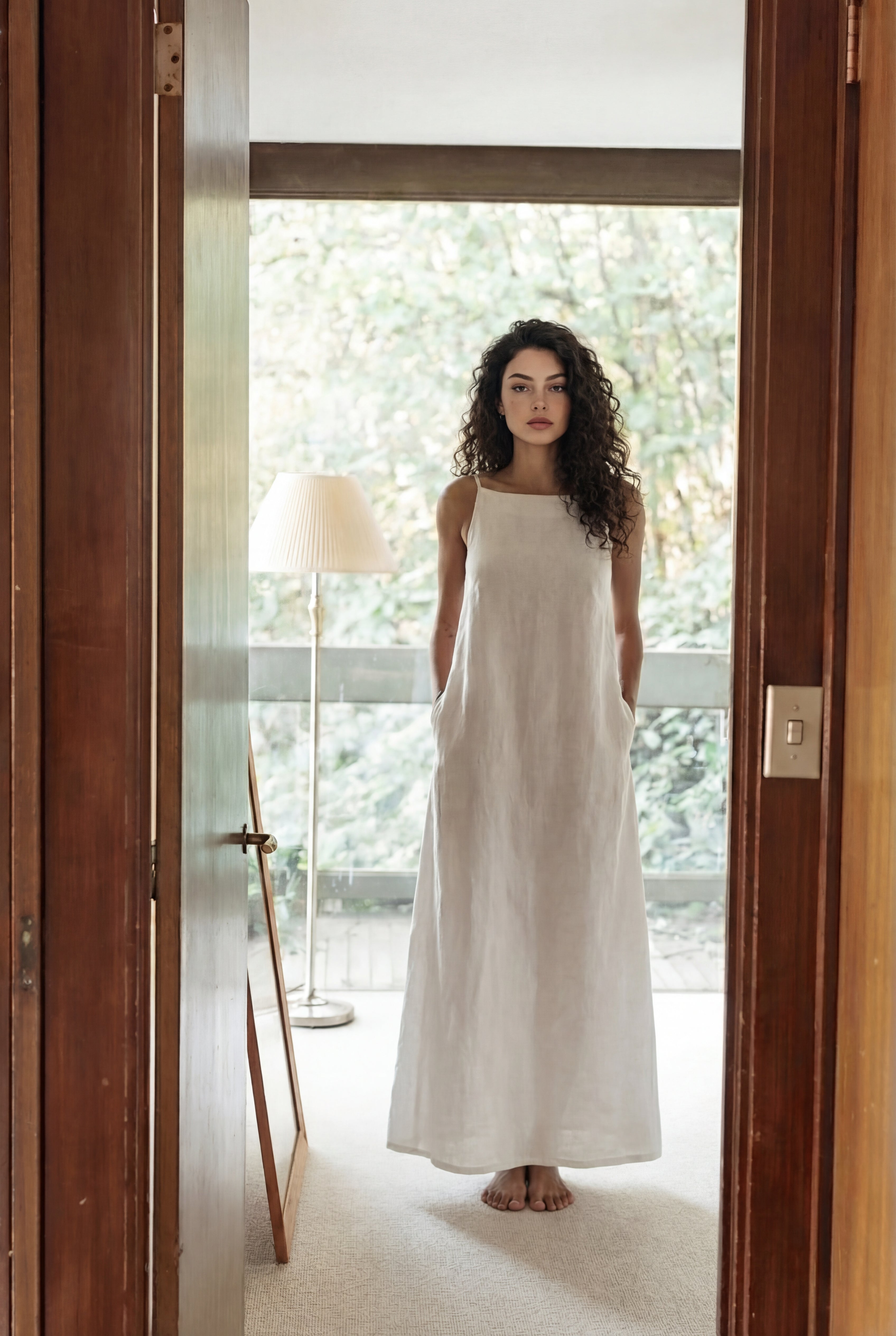 Woman standing in doorway wearing minimalist white linen maxi dress with square neck and pockets.