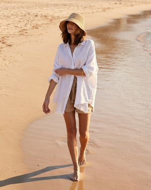 Woman walking on a sandy beach wearing an oversized white linen shirt and straw hat for a relaxed summer outfit.