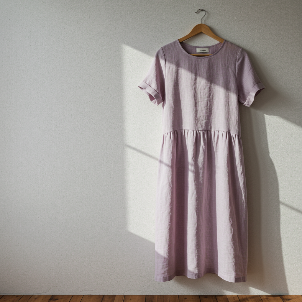 Soft lavender linen dress hanging on a wooden hanger in natural light against a white wall, minimalist style.