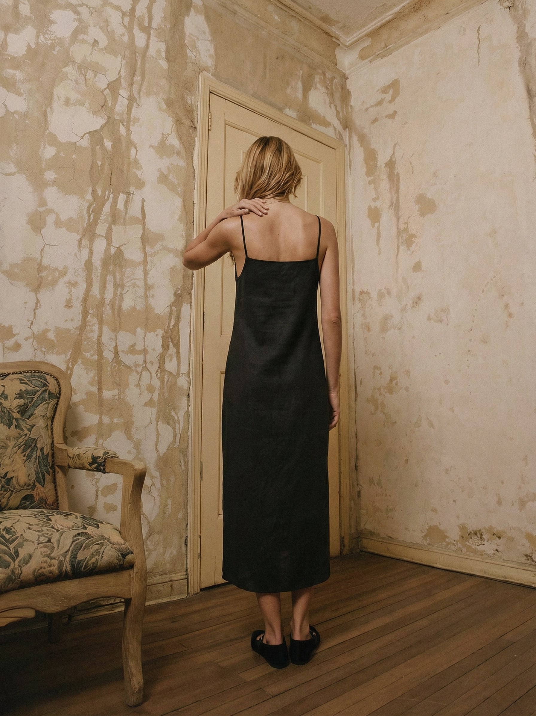 Black Linen Midi Slip Dress With Spaghetti Straps
