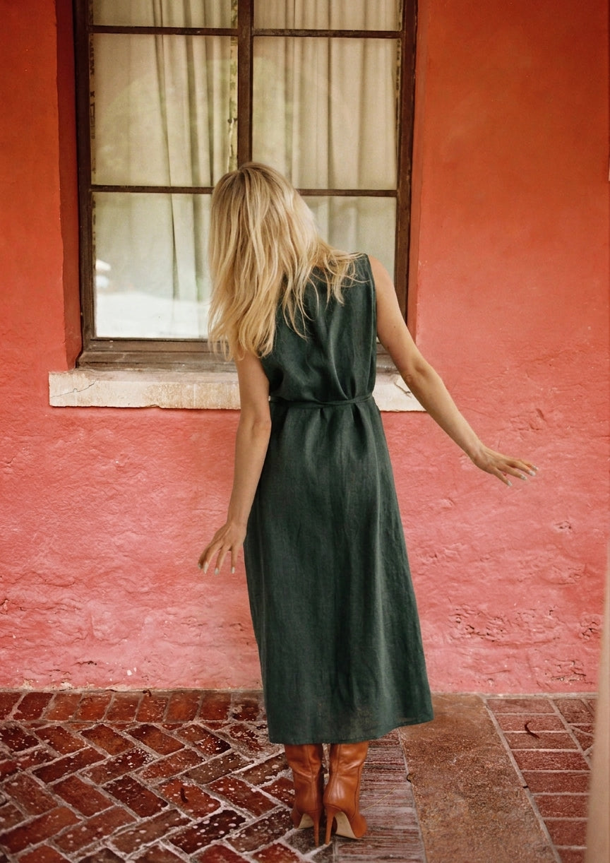 Bela Linen Wrap Dress – Smoke Pine
