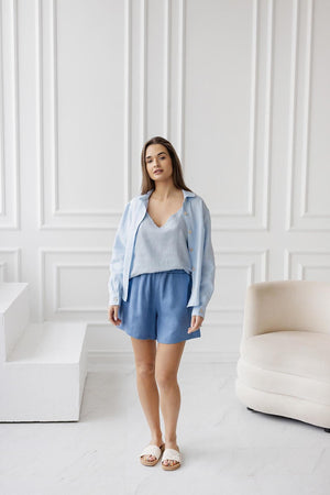 Ice blue linen button-down shirt with wooden buttons, women's collared summer blouse with relaxed fit