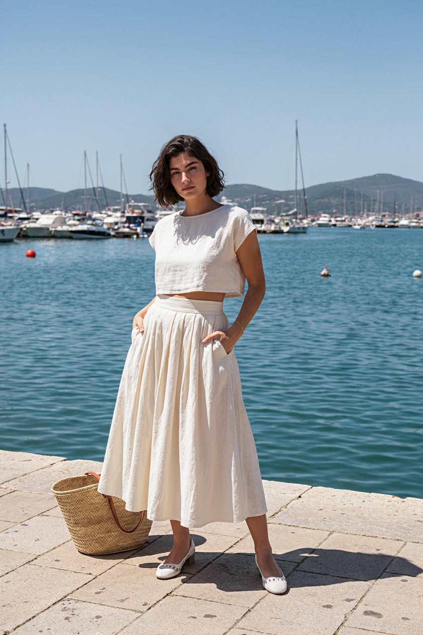 Off-White Lilac Linen Boxy Crop Top & High-Waisted Midi Skirt - NAOMI - READY TO SHIP