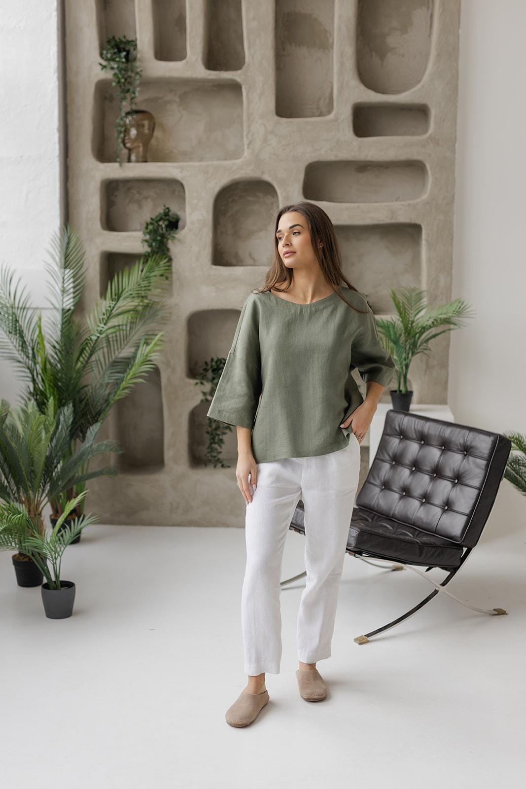 Eucalyptus green linen tunic top – lightweight, airy, and elegant, ideal for warm-weather styling