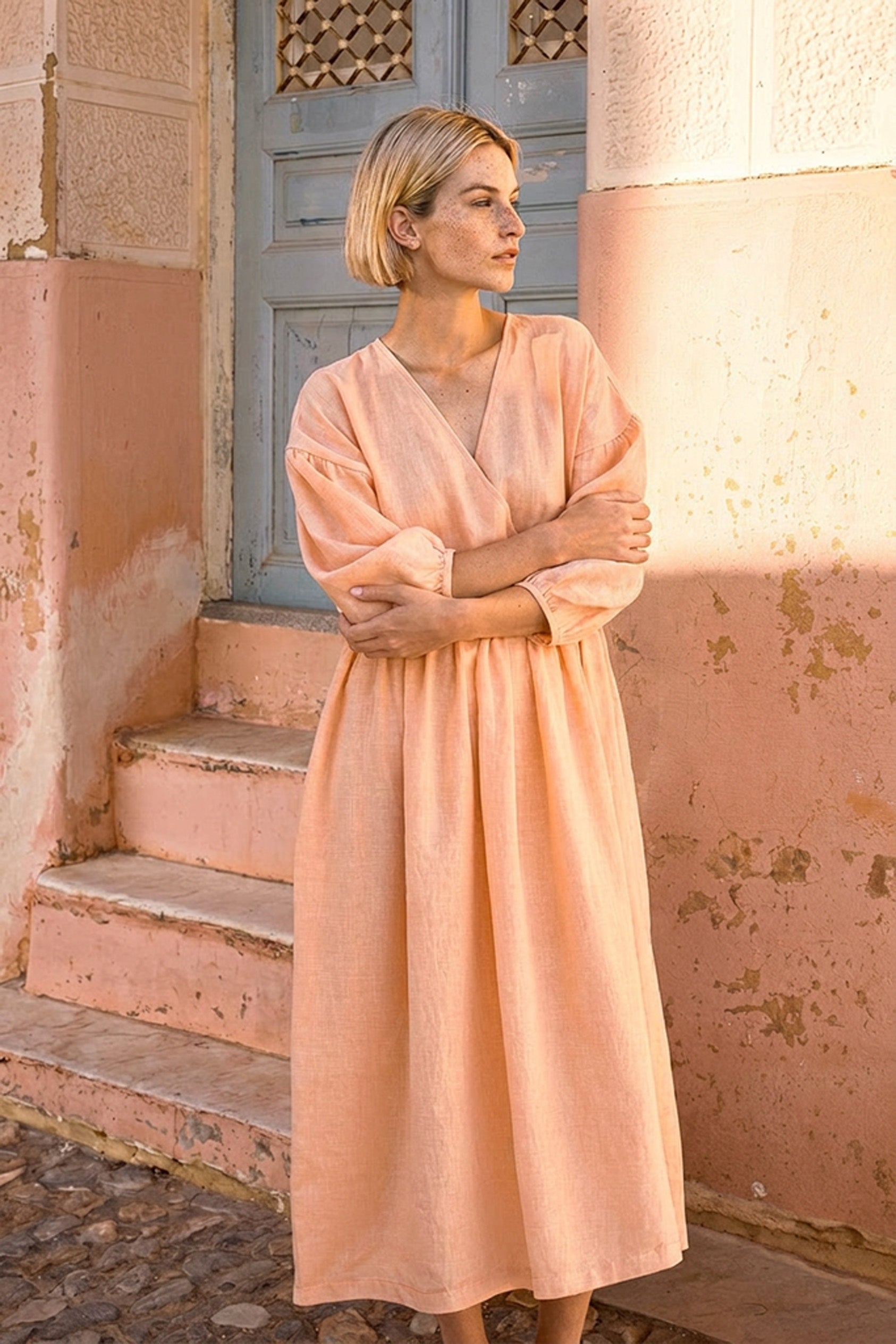 JOLA Handmade Linen Surplice Midi Dress