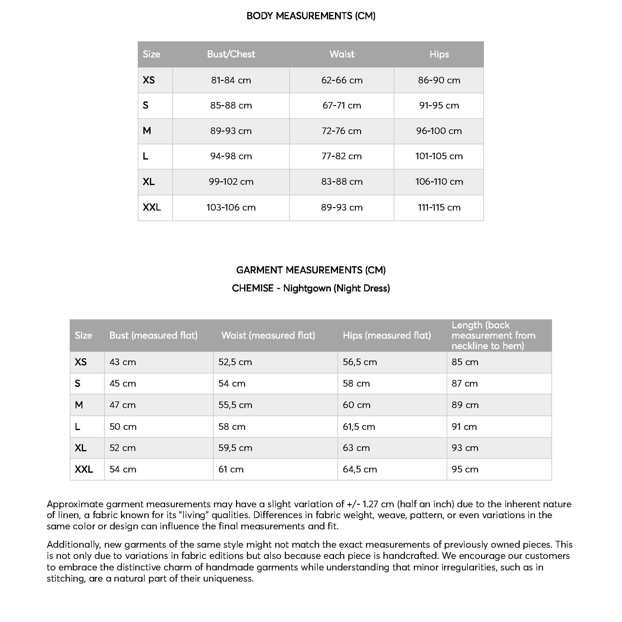 a table with measurements for different types of items