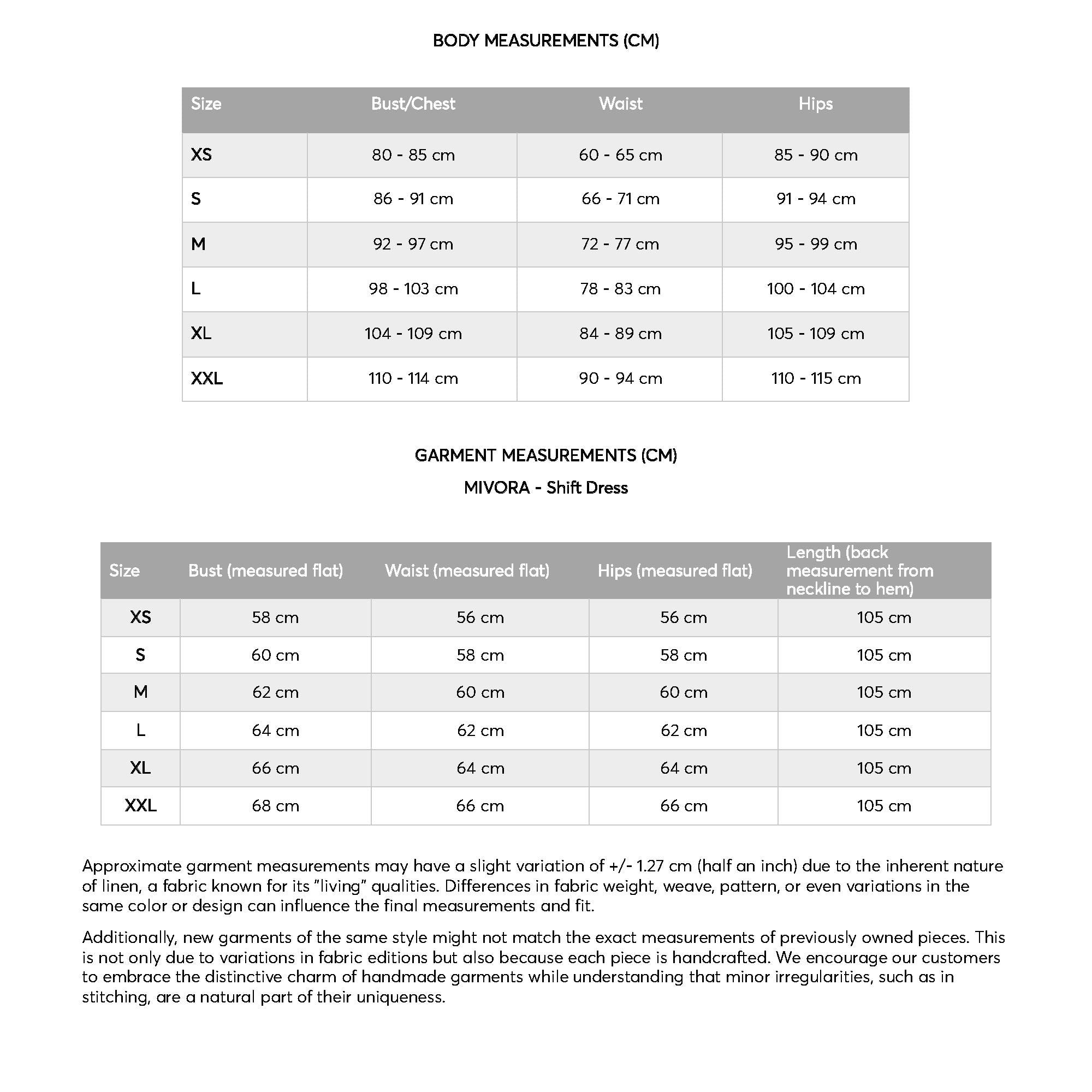 the size and measurements of a women's dress