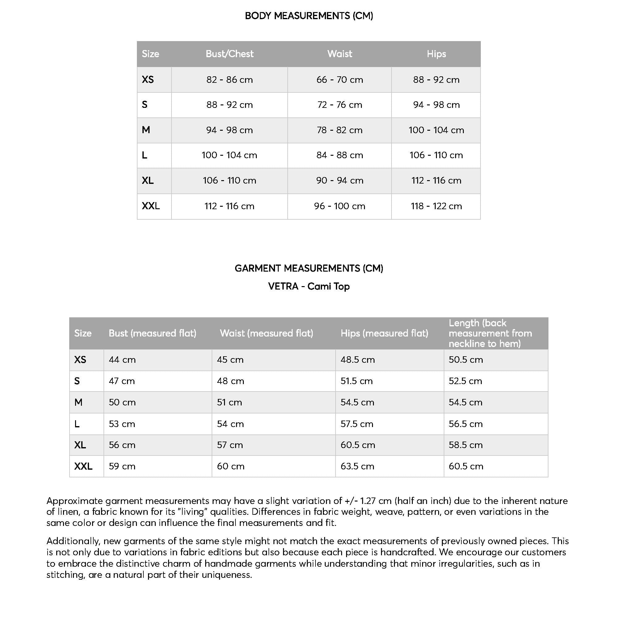 a table with measurements and measurements for each item