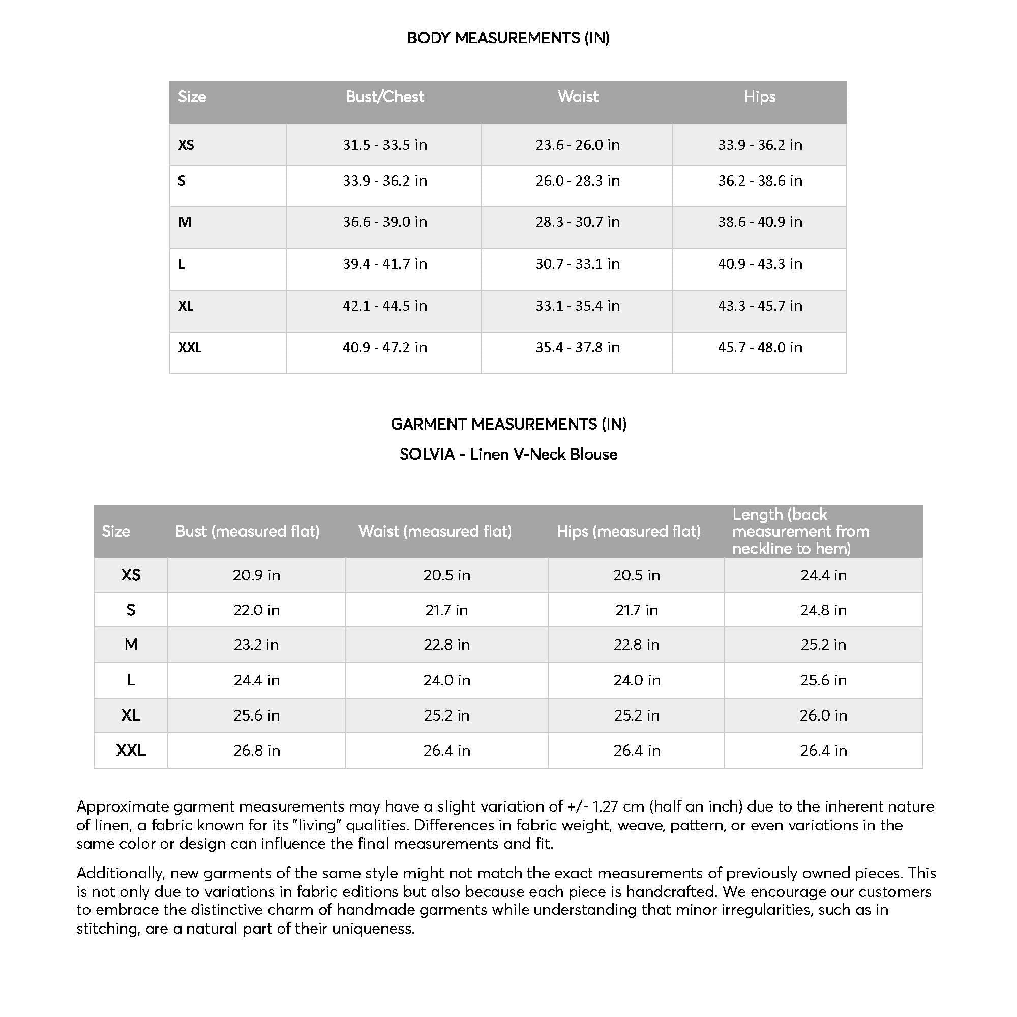 a table with measurements for the body measurements