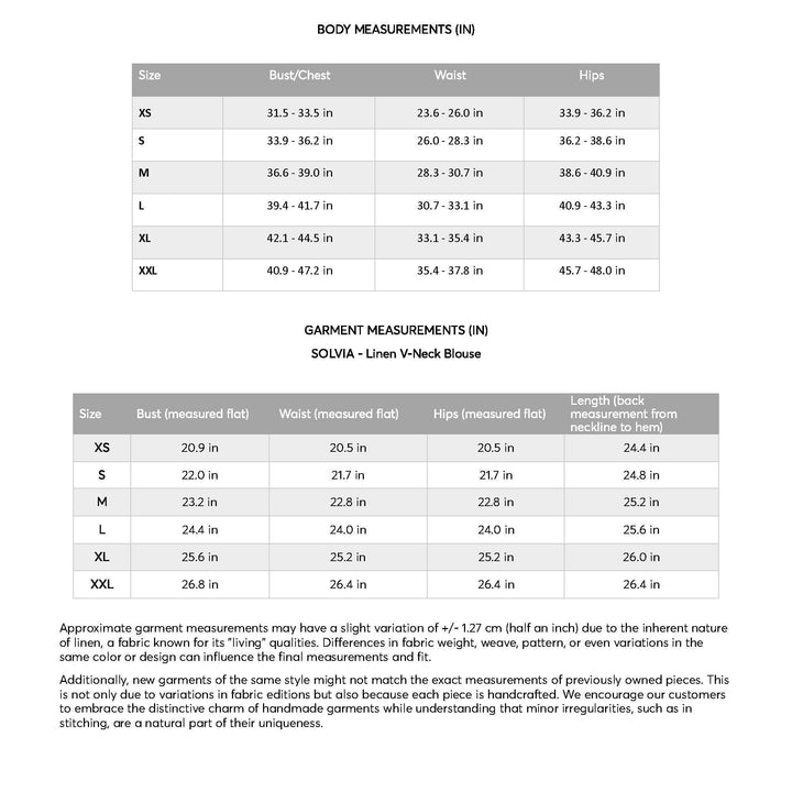 a table with measurements for the body measurements