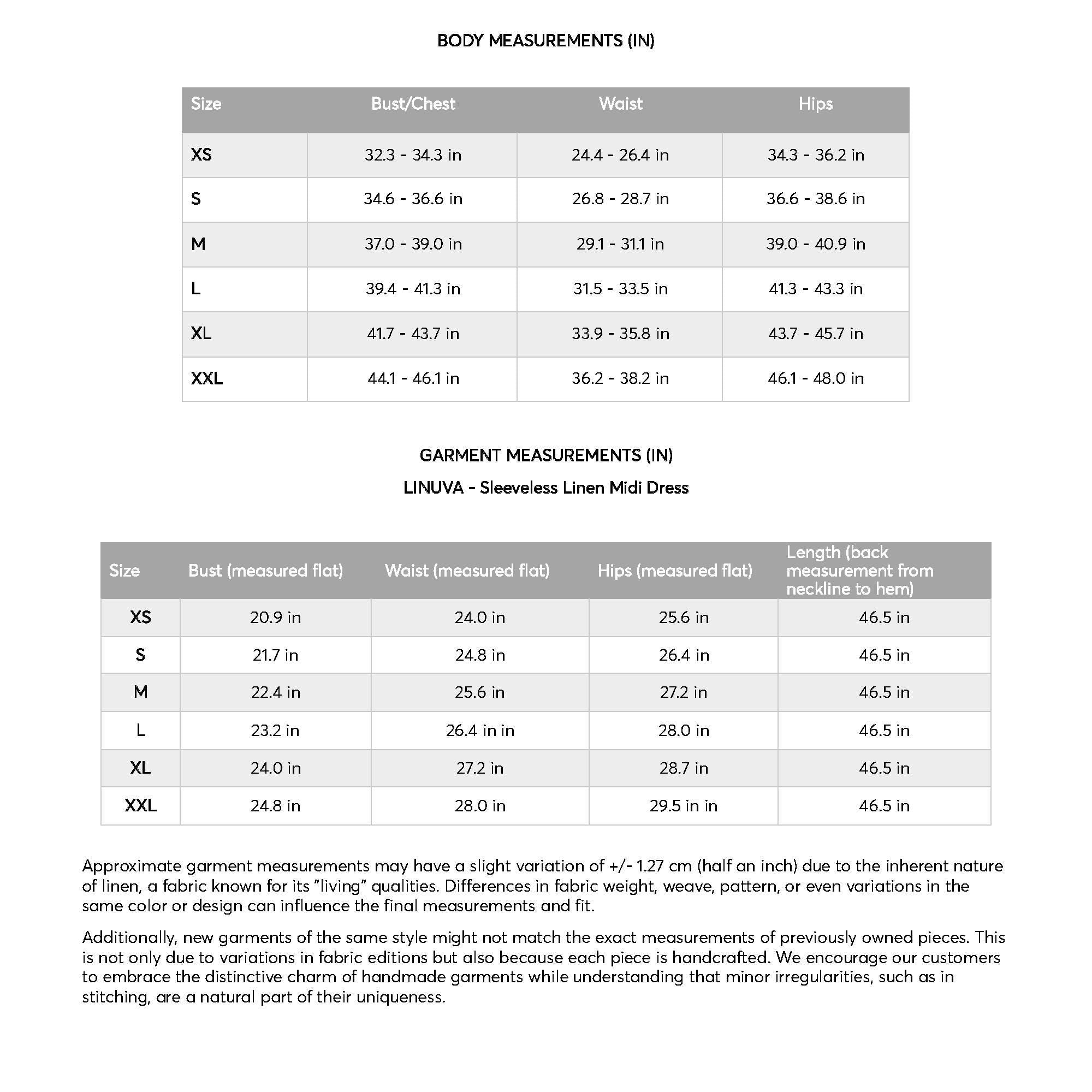 a table with measurements for the body measurements