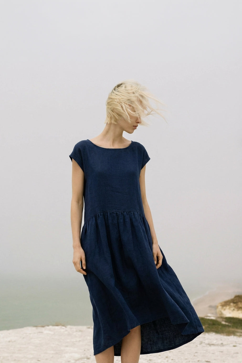 Midnight Blue Linen Smock Dress | Relaxed Midi | Daiva SonFre Midnight Blue Linen Smock Dress | Relaxed Midi | Daiva SonFre