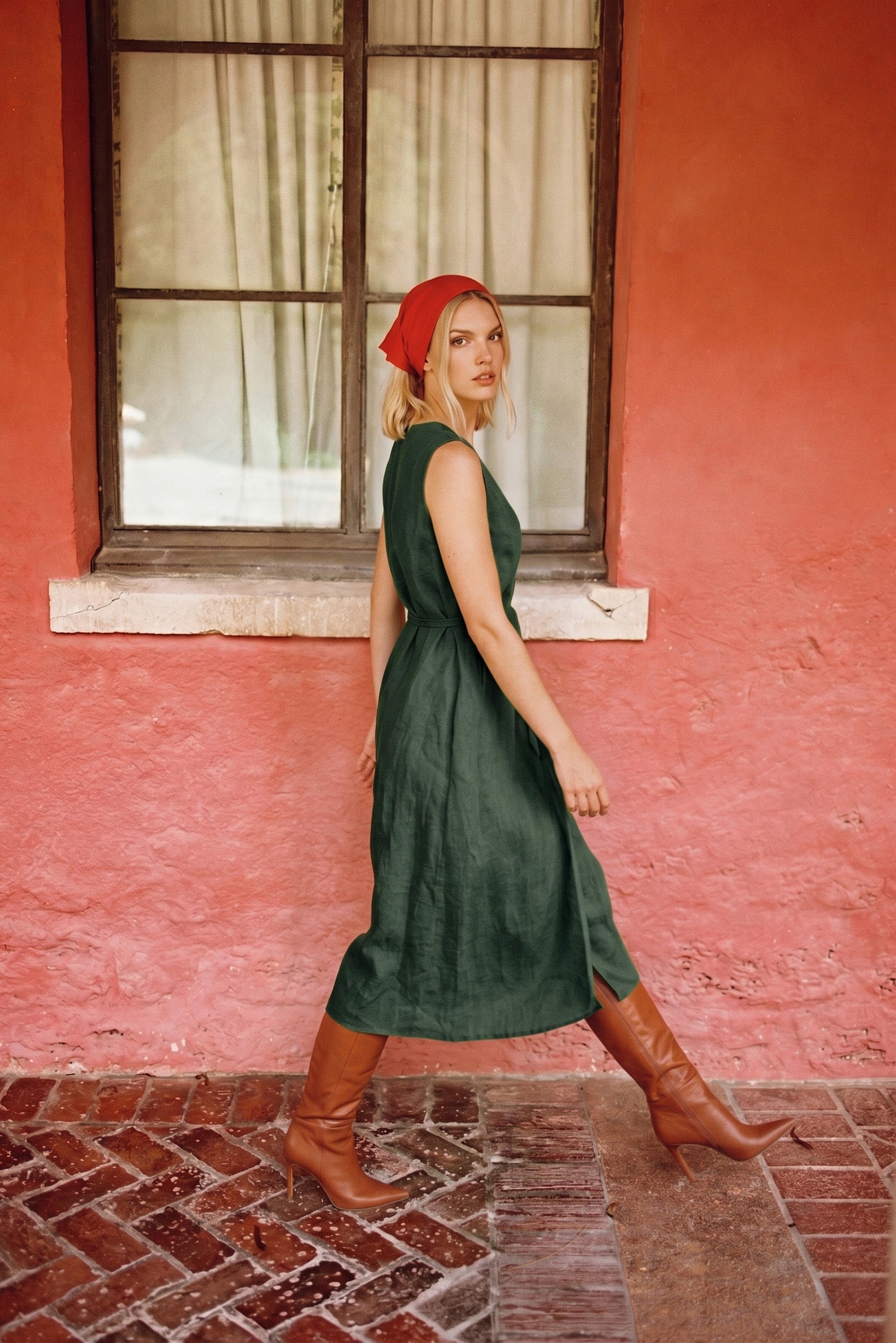 linen wrap dress sonfre deep green color