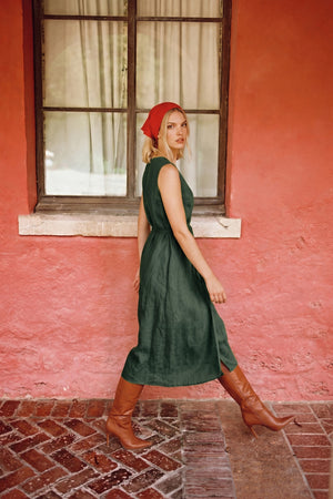 linen wrap dress sonfre deep green color