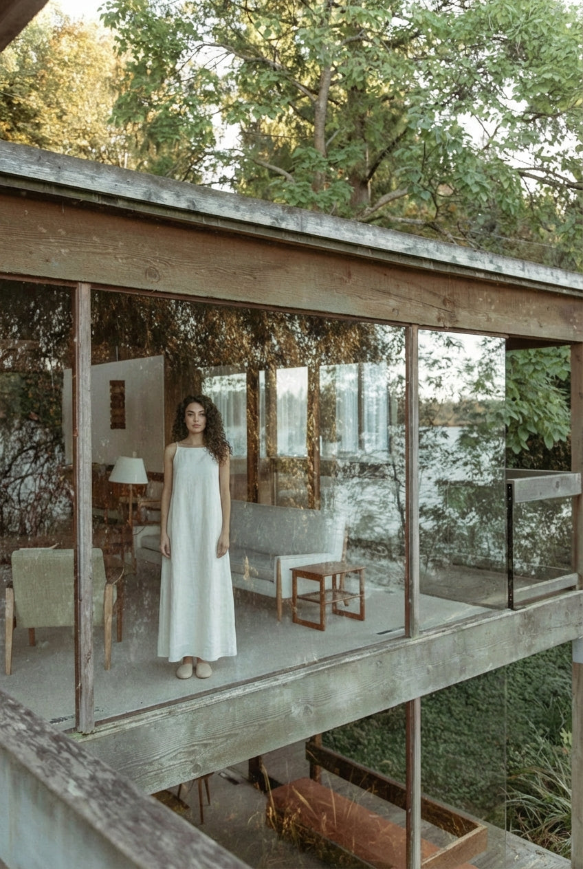 Artistic lifestyle shot of woman wearing floor-length white linen dress in a modern glass home.