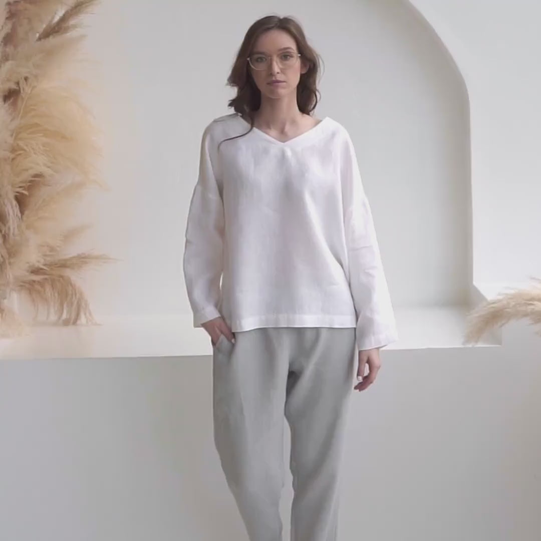 Women's Straight Leg Linen Pants, Elastic Waist, Comfortable Summer Trousers - GLIDE