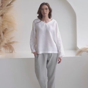 Women's Straight Leg Linen Pants, Elastic Waist, Comfortable Summer Trousers - GLIDE