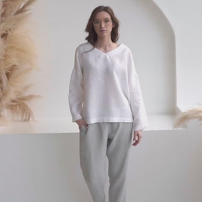 Women's Straight Leg Linen Pants, Elastic Waist, Comfortable Summer Trousers - GLIDE