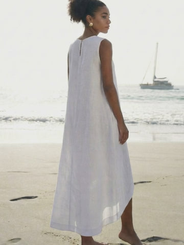 Asymmetrical Sleeveless White Linen Maxi