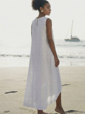 Asymmetrical Sleeveless White Linen Maxi
