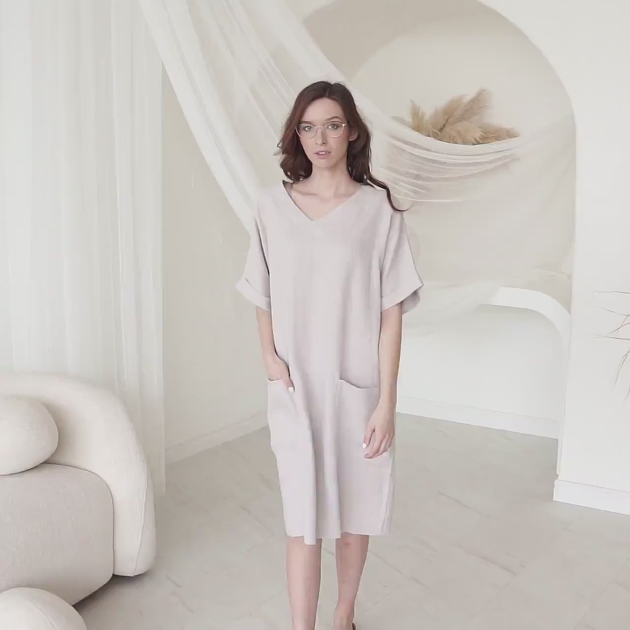 Linen Dress, Loose Fit V-Neck Pocket Shift, Mid-Length - MIVORA