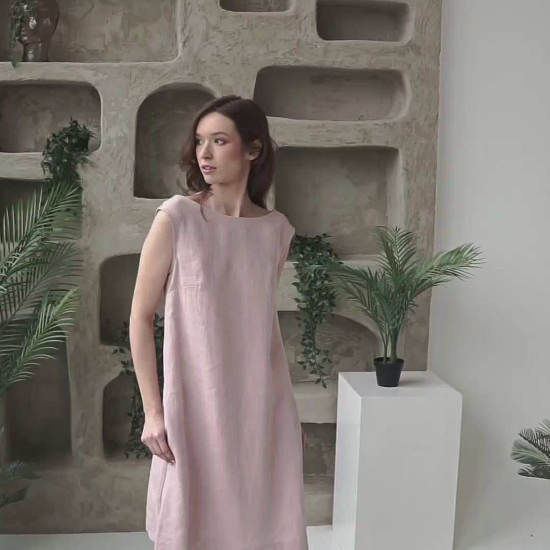 Linen Shift Dress with Pockets | Sleeveless Summer Casual Dress - VELA