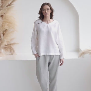 Linen Blouse - Oversized V-Neck, Relaxed Fit, Sustainable, Natural Linen Top - SOLVIA
