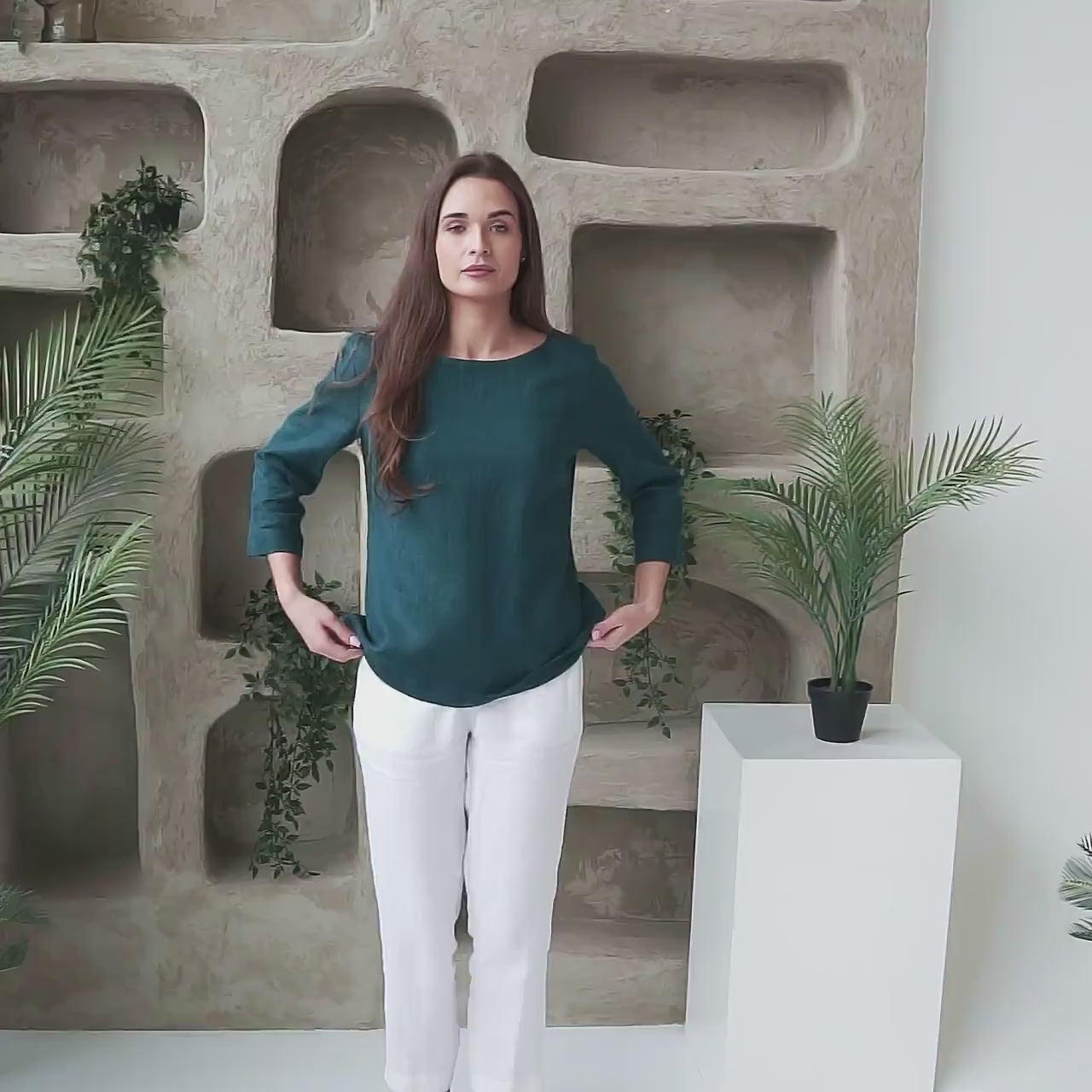 Linen Boat Neck Blouse | 3/4 Sleeve Relaxed Top - DIVA