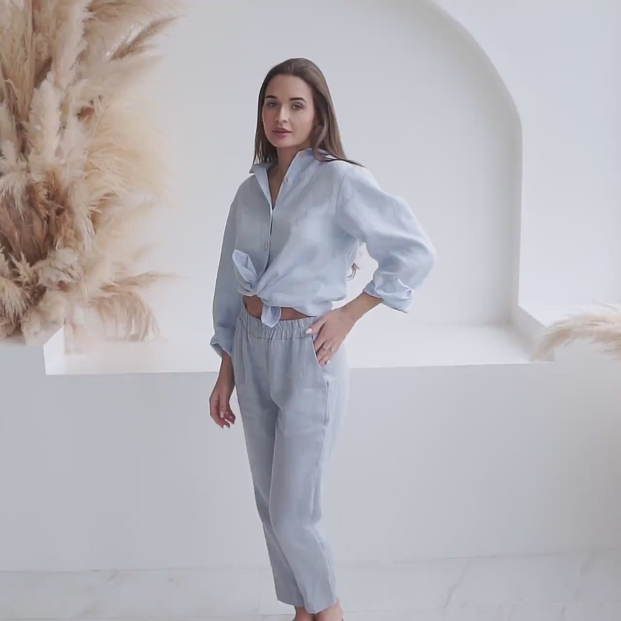 Dusty Blue Linen Wide Leg Pants | Elastic Waist Summer Trousers - LINARA