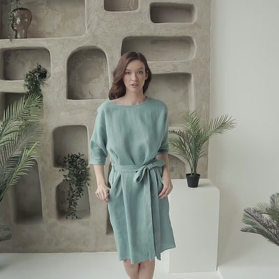 Linen Tunic Dress with Pockets | Belted Boho Summer Dress - LIRA