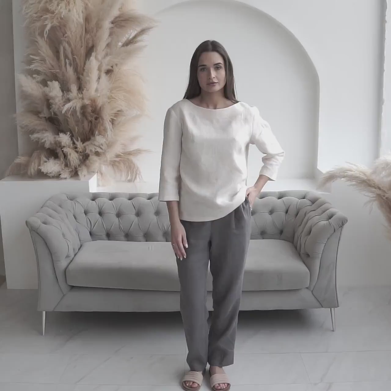 Oversized Linen Blouse, Off-White 3/4 Sleeve, Casual Linen Top - DIVA