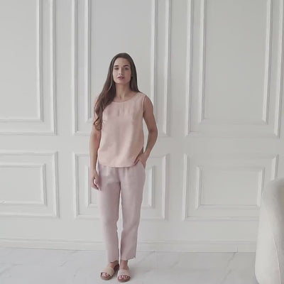 Relaxed Fit Linen Trousers, Wide Leg, Elastic Waist, Summer Pants - LINARA