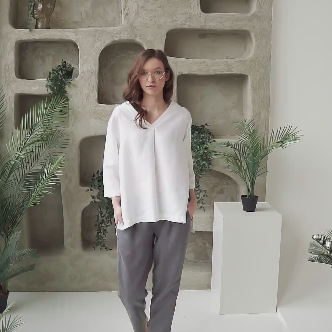 Linen Tunic Top - V-Neck, Loose Fit, Summer Linen Blouse - ALBA