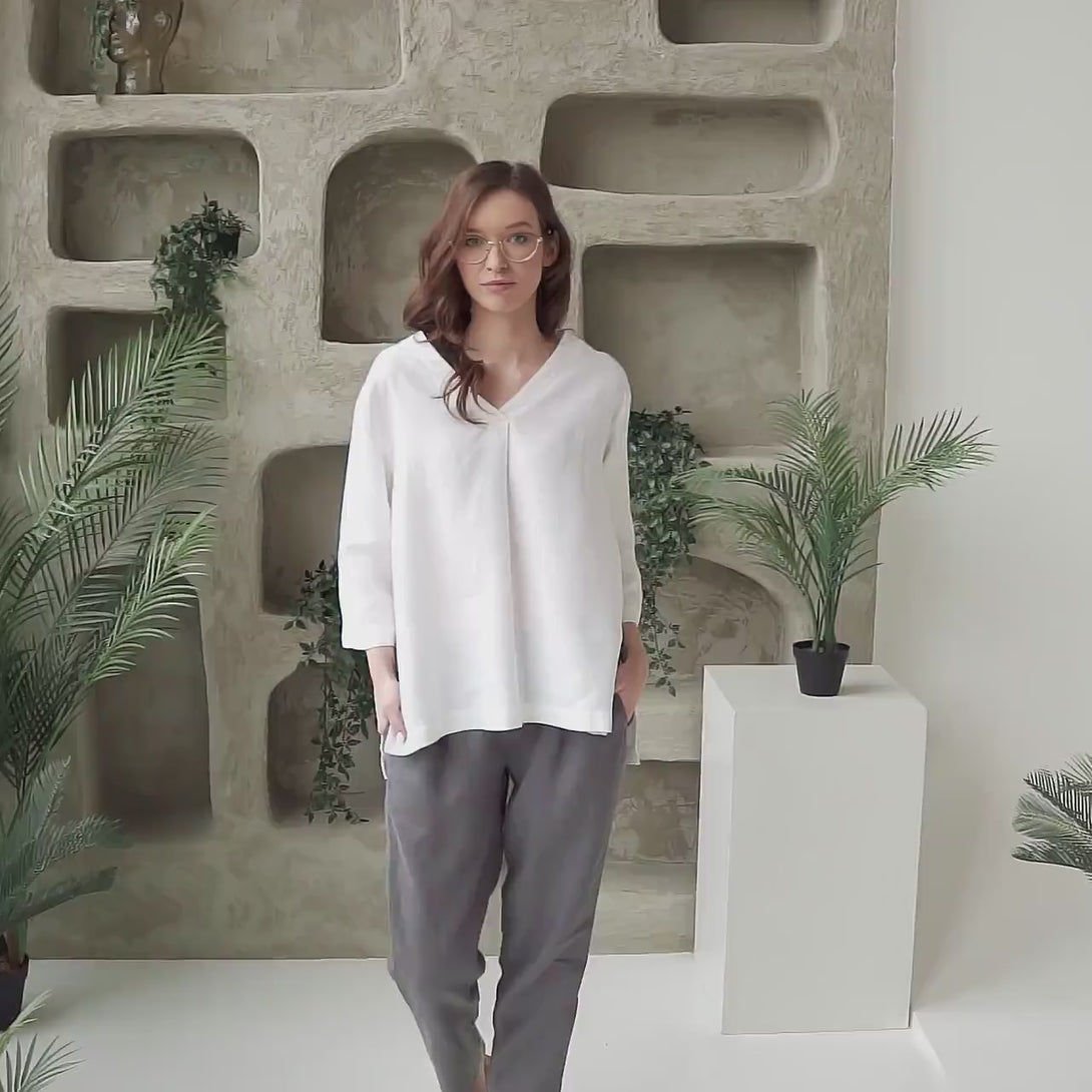 Linen Tunic Top - V-Neck, Loose Fit, Summer Linen Blouse - ALBA