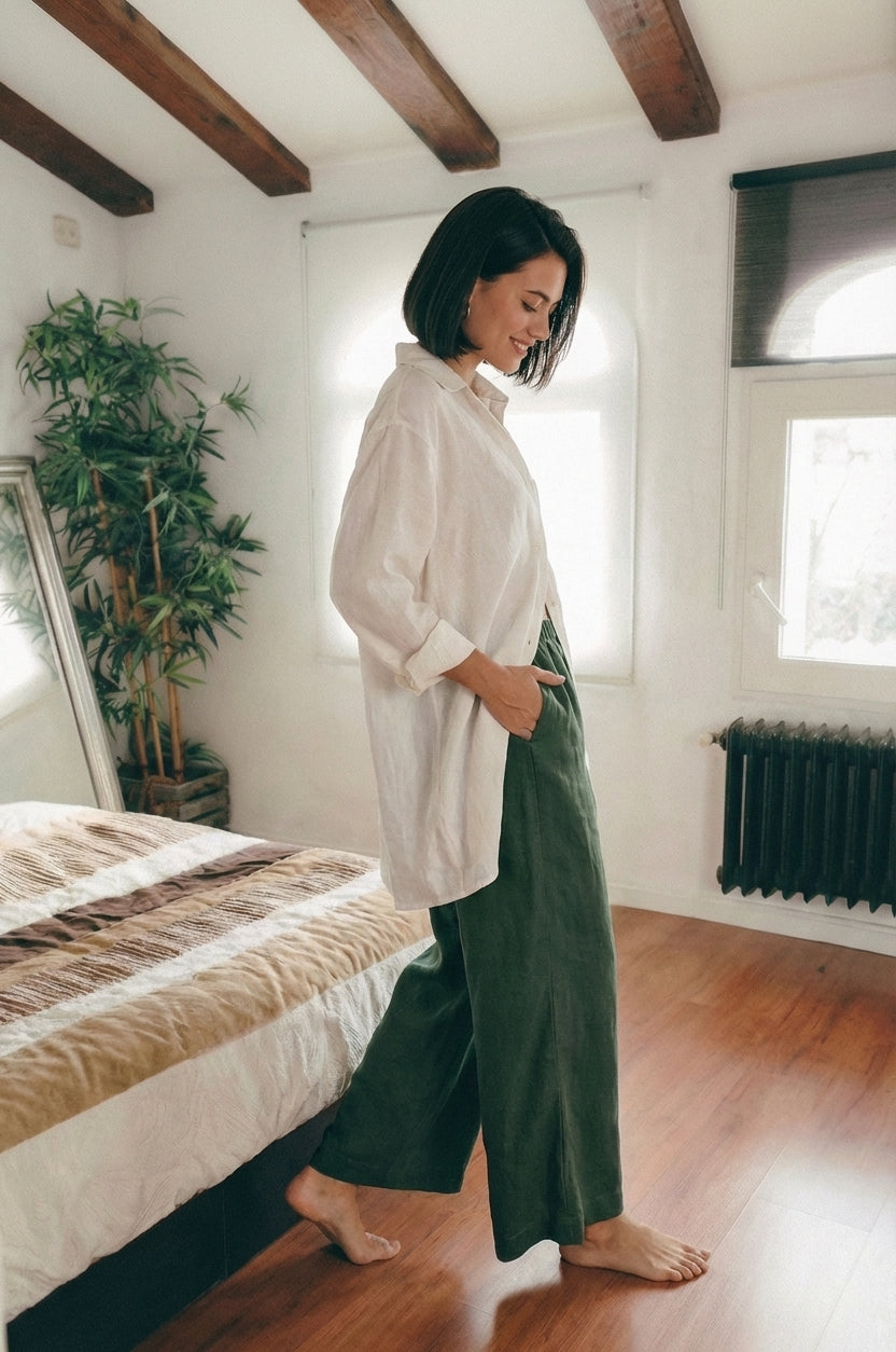 Smiling woman walking barefoot in a bedroom, wearing MINA smoke pine wide leg linen pants with her hand resting in the side pocket, paired with a relaxed white shirt.