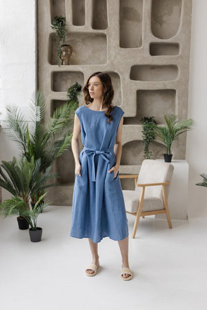 Linen midi dress, sleeveless, belted waist, minimalist design.