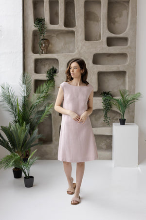 Dusty rose scoop neck linen shift dress, front view, casual everyday look.
