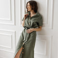 Women's linen clothing, eucalyptus green button-up dress with a minimalist design, perfect for summer and everyday outfits