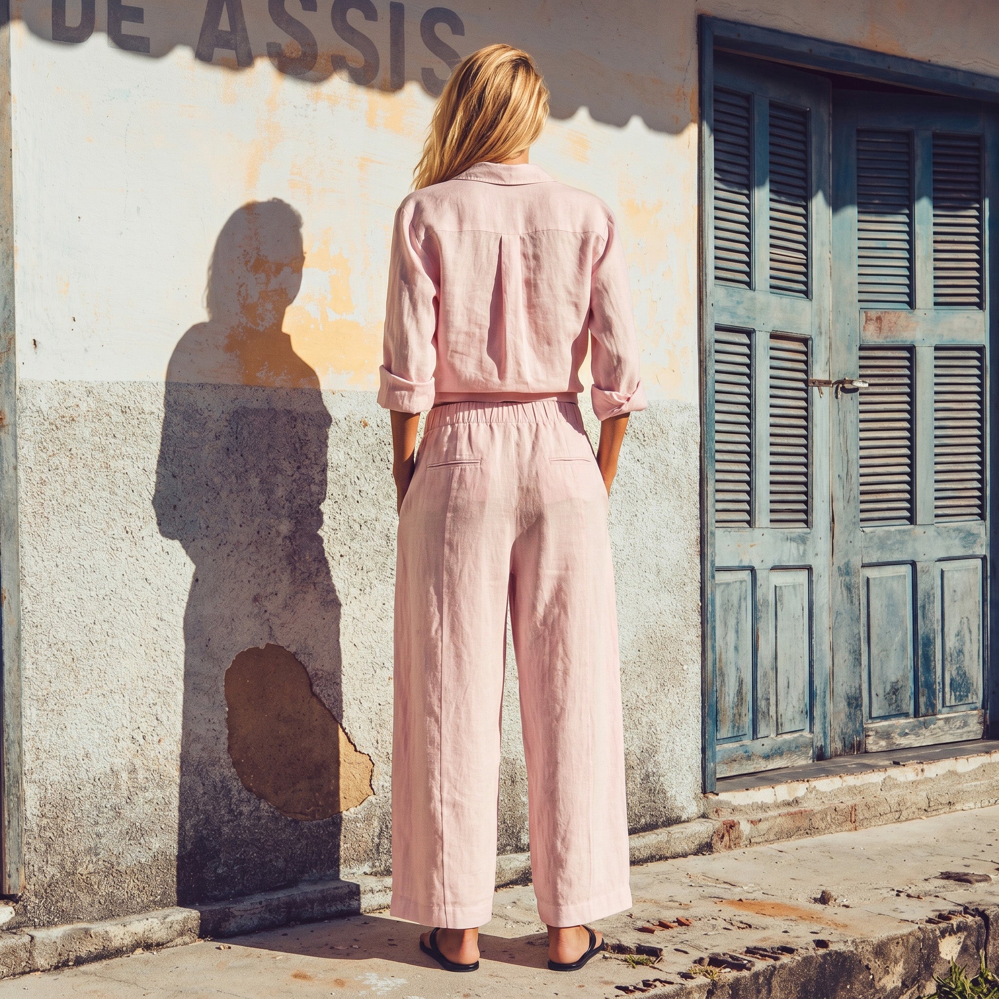 Back view of a model wearing the Sonfre Milda medium-weight pink linen set, showcasing the elastic waistband fit of the wide-leg trousers and the back drape of the shirt.