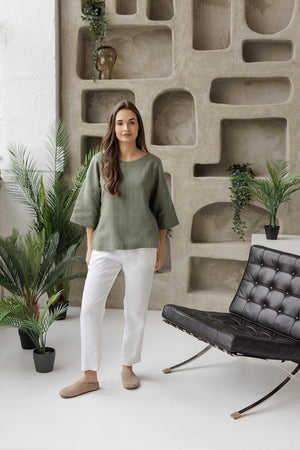 Oversized linen kimono blouse in eucalyptus green – breathable, minimalist boho top with wide sleeves and relaxed fit