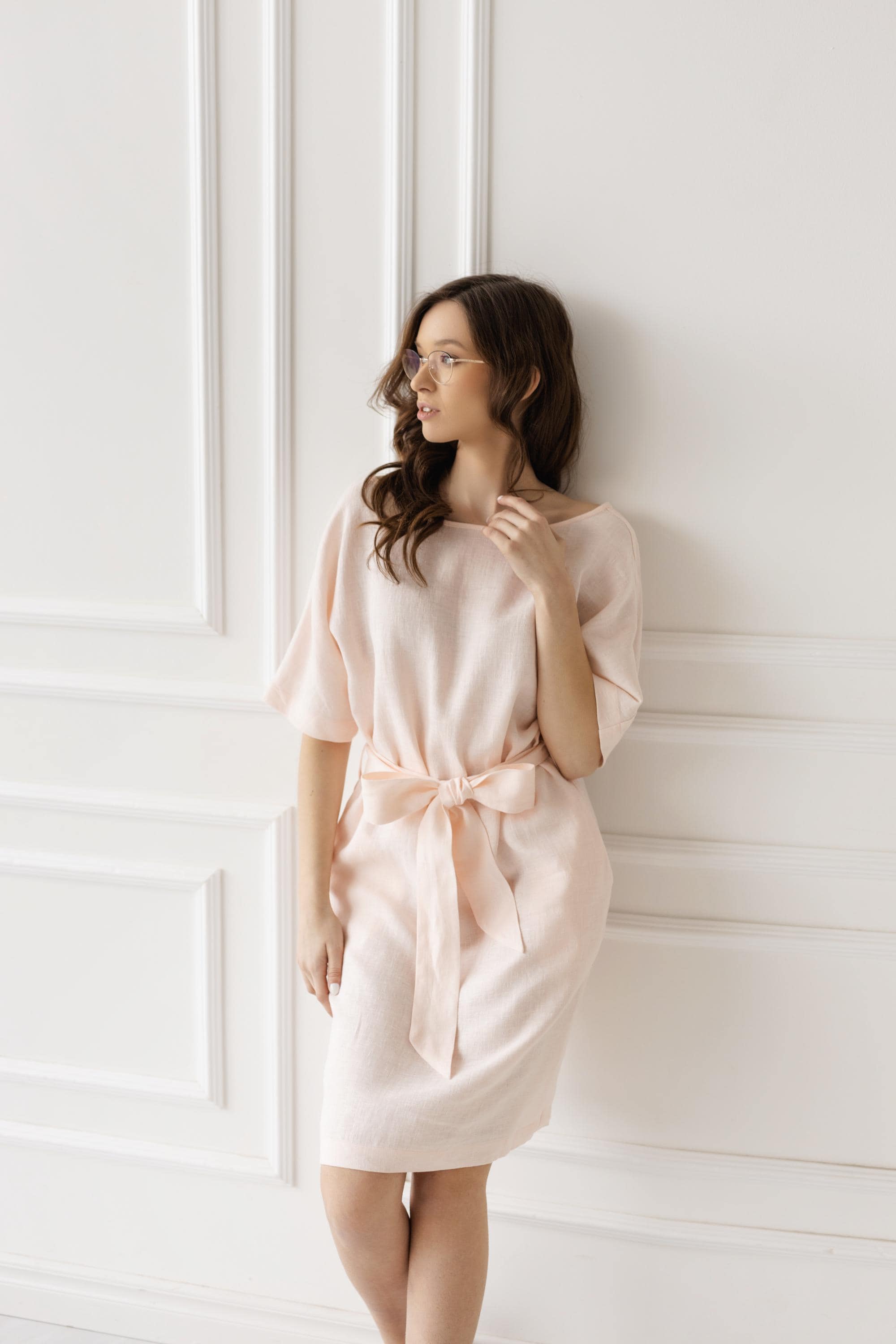 Petal pink linen shift dress, half sleeves, tie waist, elegant casual style.